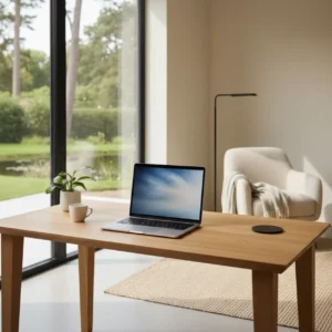 Een opgeruimde en afleidingsvrije thuiswerkplek na het uitschakelen van Microsoft Copilot in Windows 11.