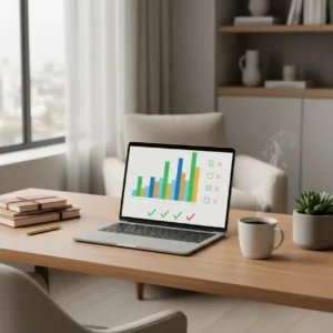 Een moderne thuiswerkplek met een laptop waarop een medewerker een snelle Slack poll maakt om beslissingen te versnellen.