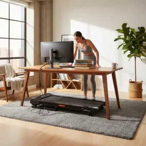 Een overzicht van de Exerpeutic WorkFit 2000 loopband voor je bureau in een moderne thuiswerkplek.