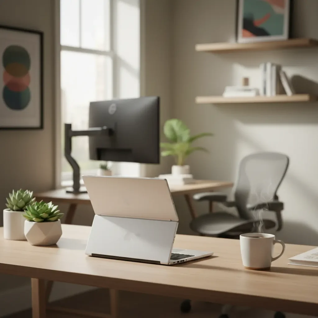 Een moderne AI-laptop in een ergonomisch ingerichte thuiswerkplek.