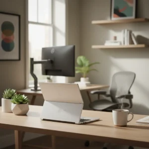 Een moderne AI-laptop in een ergonomisch ingerichte thuiswerkplek.