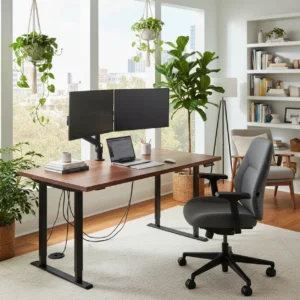 Een ergonomisch l-vormig zit-sta bureau op stahoogte in een modern en opgeruimd thuiskantoor.