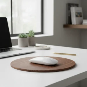 De witte Logitech G Pro X2 Superstrike draadloze muis op een modern bureau in een stijlvolle thuiswerkplek.