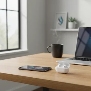 Een thuiskantoor waar Apple AirPods zijn gekoppeld aan een Android telefoon om alle slimme functies te gebruiken.