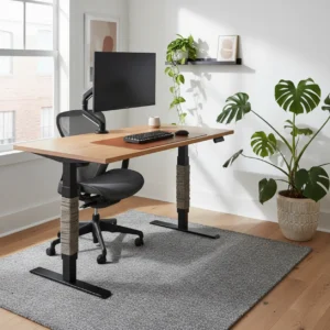 Een modern elektrisch zit-sta bureau in een stijlvolle thuiswerkplek, vergelijkbaar met de Autonomous SmartDesk Core.