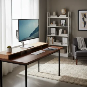 Een ergonomische thuiswerkplek met de lichtgewicht iMovR ZipView monitorarm gemonteerd op een zit-sta bureauverhoger.