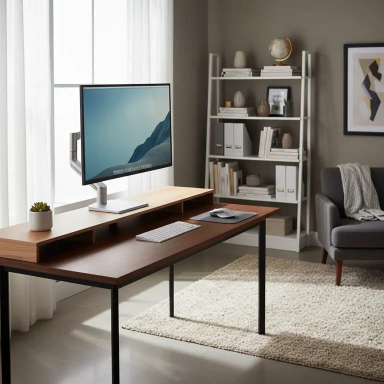 Een ergonomische thuiswerkplek met de lichtgewicht iMovR ZipView monitorarm gemonteerd op een zit-sta bureauverhoger.
