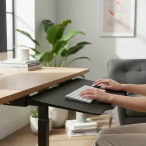 Een modern thuiswerkbureau met een uitschuifbare ergonomische toetsenbordhouder voor een perfecte werkhouding.