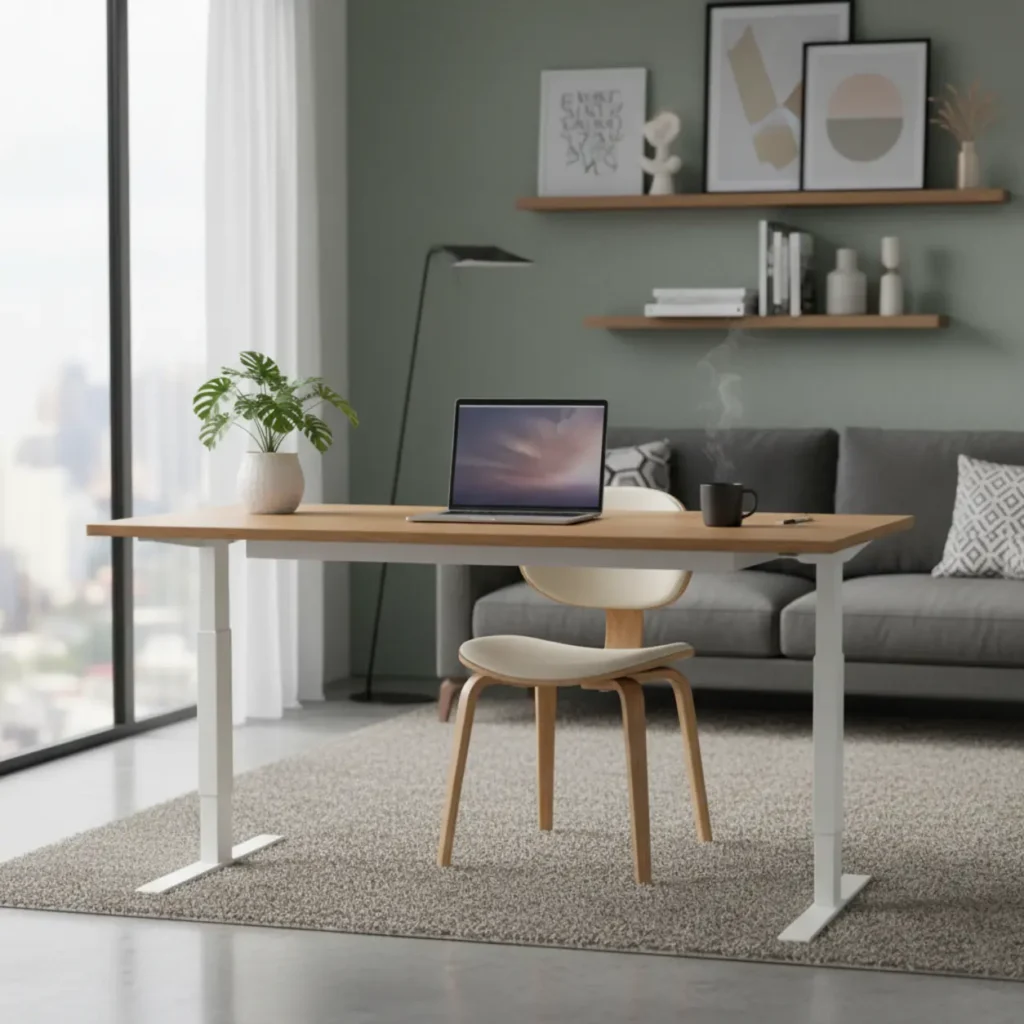 Een modern zit-sta bureau in een ergonomische thuiswerkplek, ter illustratie van de Stir Kinetic M1 review.