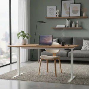 Een modern zit-sta bureau in een ergonomische thuiswerkplek, ter illustratie van de Stir Kinetic M1 review.