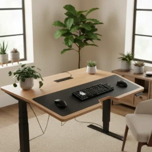 Een ergonomische thuiswerkplek met de iMovR Elevon toetsenbordhouder gemonteerd aan een sta-bureau.