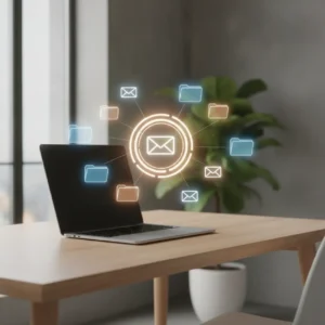 Een georganiseerde thuiswerkplek die symbool staat voor efficiënt e-mailbeheer om de verborgen kosten van je mailbox te verlagen.