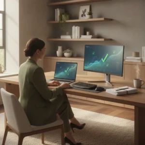 Een financieel professional werkt in een modern thuiskantoor efficiënt aan het facturen automatisch boeken via slimme software.