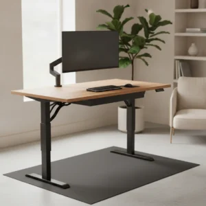 Een betrouwbaar en betaalbaar elektrisch zit-sta bureau in een opgeruimde ergonomische thuiswerkplek.
