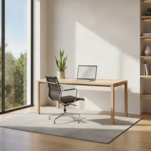 Een opgeruimde en minimalistische thuiswerkplek die zorgt voor optimale focus en mentale rust.