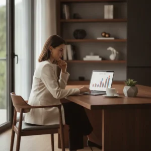 Een ondernemer in een modern thuiskantoor beheert de boekhouding om omzetverlies door openstaande facturen te voorkomen.