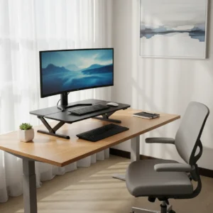 Een moderne thuiswerkplek met de Fancierstudio Riser Desk in de sta-stand.