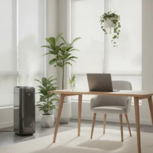 Een fris en modern ingericht thuiskantoor met planten en verkoeling, ideaal voor thuiswerken tijdens een hittegolf.