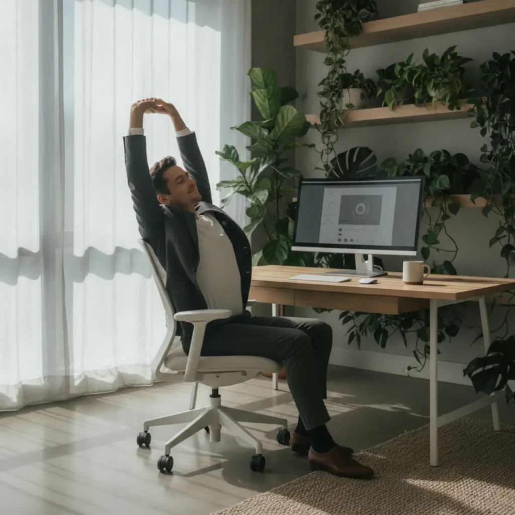 Persoon doet effectieve rekoefeningen aan een bureau om rugpijn tijdens het thuiswerken te verhelpen.