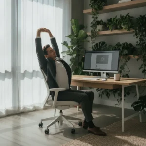Persoon doet effectieve rekoefeningen aan een bureau om rugpijn tijdens het thuiswerken te verhelpen.