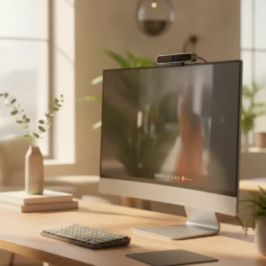 Een moderne externe webcam bovenop een beeldscherm in een stijlvolle werkplek, als onderdeel van onze test voor de beste webcams voor thuiswerkers.