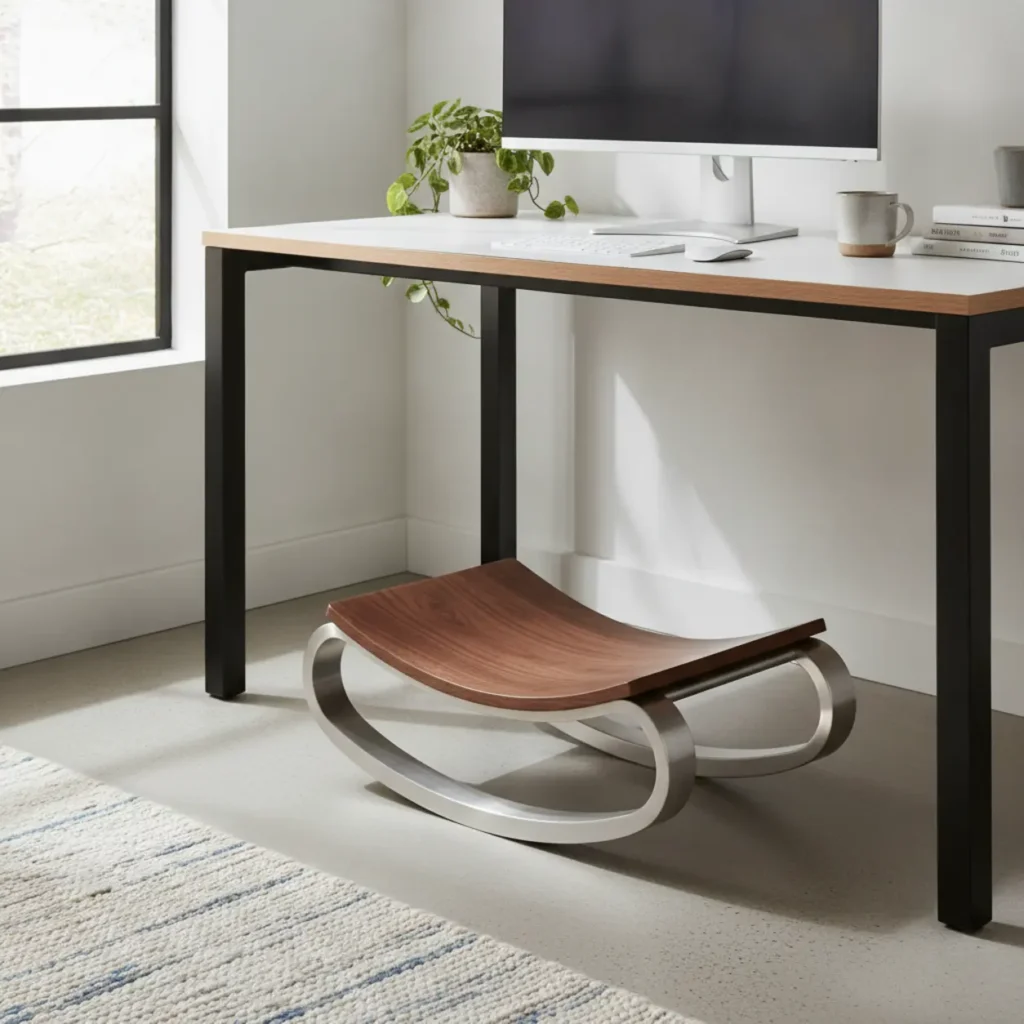De premium Humanscale FM500 voetensteun onder een bureau voor een ergonomische en actieve werkhouding.