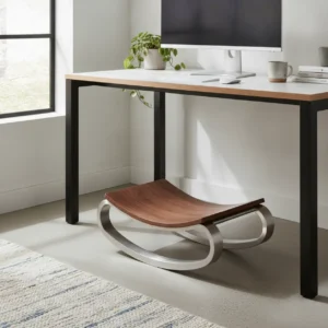 De premium Humanscale FM500 voetensteun onder een bureau voor een ergonomische en actieve werkhouding.