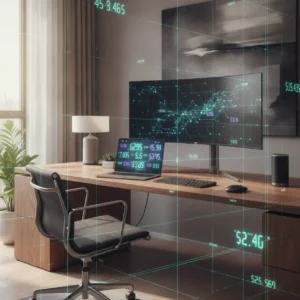 Een moderne thuiswerkplek waar prijzen op een laptop dynamisch veranderen door surveillance pricing en data-analyse.