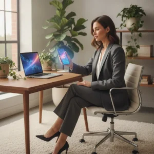 Een moderne thuiswerkplek met een MacBook en iPhone waarop Apple Intelligence en de nieuwe Siri worden gebruikt.