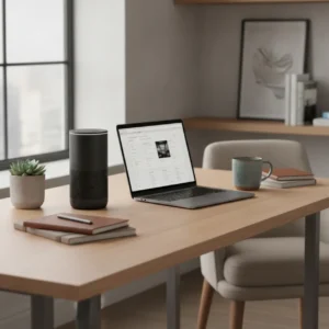 Een moderne en opgeruimde thuiswerkplek met een nieuwe Google Home speaker met Gemini AI op het bureau.