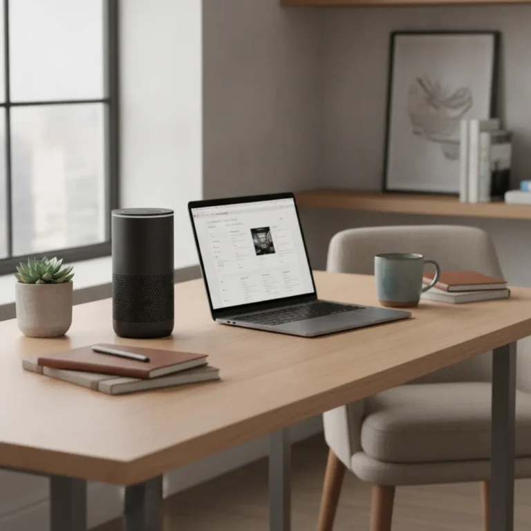 Een moderne en opgeruimde thuiswerkplek met een nieuwe Google Home speaker met Gemini AI op het bureau.