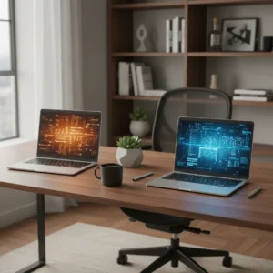 Een moderne thuiswerkplek met twee laptops die de keuze tussen Claude of ChatGPT voor thuiswerkers illustreren.