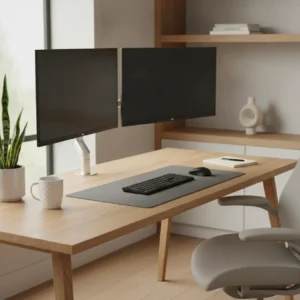 Een moderne ergonomische thuiswerkplek met een hoogwaardig alternatief voor de Fully Jarvis dual monitor arm.