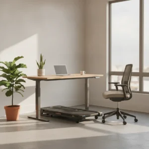 Een stijlvolle, moderne thuiswerkplek uitgerust met een LifeSpan TR1000-DT3 bureau loopband onder een zit-sta bureau.