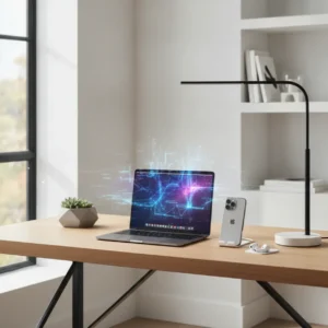 Een moderne thuiswerkplek met een MacBook en iPhone die de voordelen van Apple Intelligence en de nieuwe Siri in de praktijk brengen.