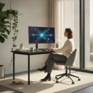 Een moderne thuiswerkplek waar een professional efficiënt werkt met het perfecte AI model voor 2026.