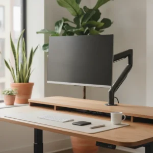 Een ergonomische monitorarm met geïntegreerd kabelmanagement op een opgeruimd bureau in een moderne thuiswerkplek.