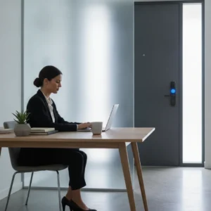 Een geconcentreerde professional in een thuiskantoor met een modern slim deurslot op de voordeur op de achtergrond.