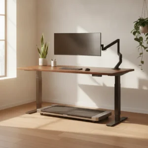 Een moderne en ergonomische thuiswerkplek uitgerust met een hoogwaardige loopband voor onder het bureau.
