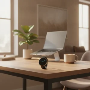 De CMF Watch 3 Pro smartwatch op een houten bureau in een modern thuiskantoor.