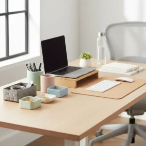 Een opgeruimd modern bureau met slimme budgetvriendelijke organizers voor een georganiseerde thuiswerkplek.