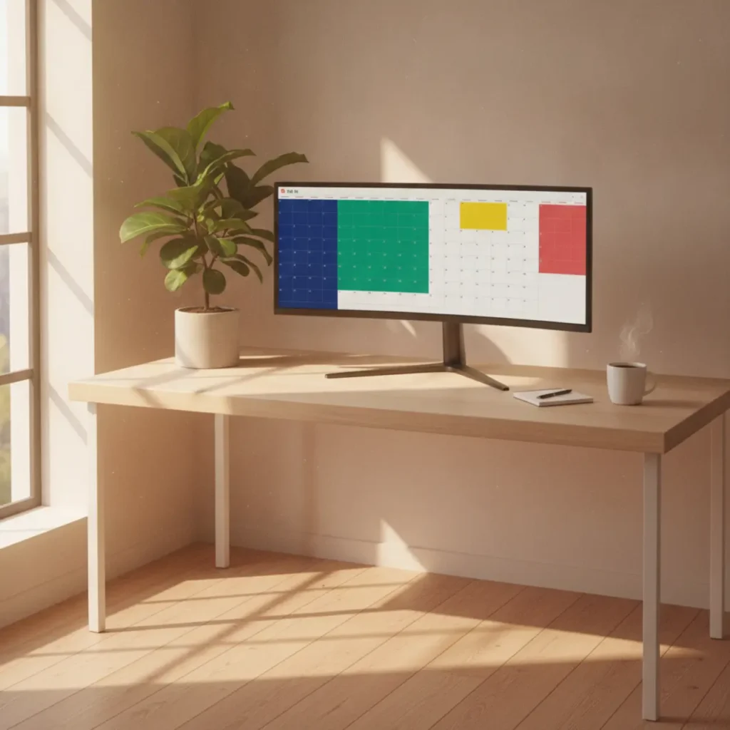 Een overzichtelijke minimalistische thuiswerkplek met een computerscherm dat een kleurgecodeerde Google Agenda met focusblokken toont.