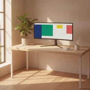 Een overzichtelijke minimalistische thuiswerkplek met een computerscherm dat een kleurgecodeerde Google Agenda met focusblokken toont.