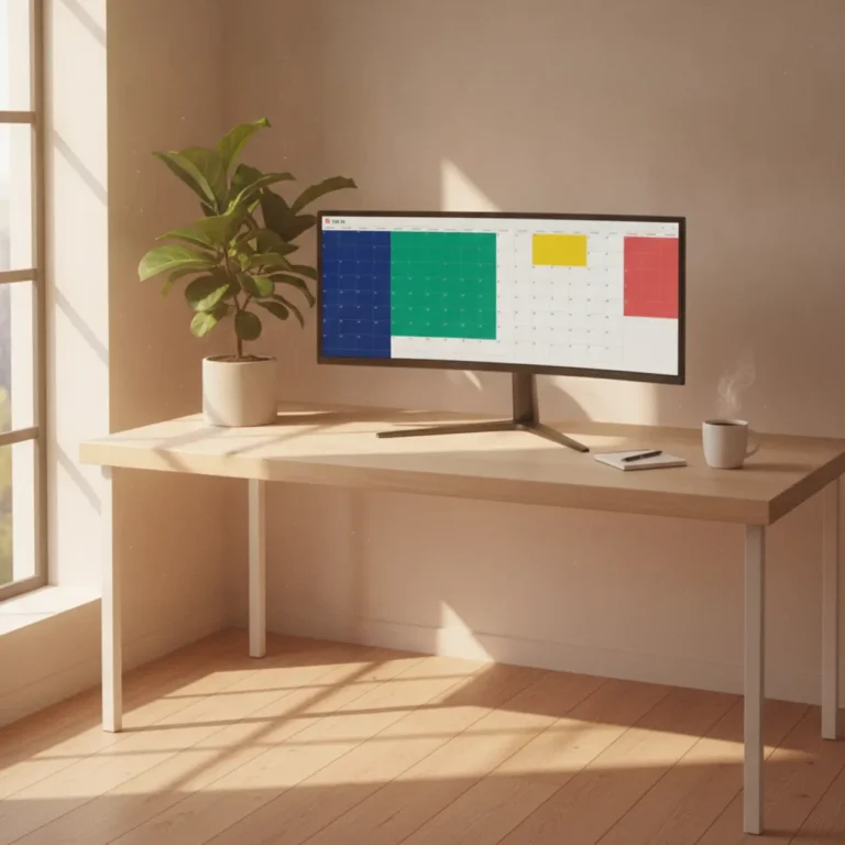 Een overzichtelijke minimalistische thuiswerkplek met een computerscherm dat een kleurgecodeerde Google Agenda met focusblokken toont.