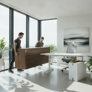 Een oud bureau wordt verantwoord en veilig afgevoerd uit een modern thuiskantoor om ruimte te maken.