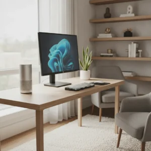 Een strakke, minimalistische speaker zonder microfoon op het bureau van een modern thuiskantoor.