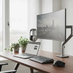 Een moderne werkplek uitgerust met de beste thuiswerk laptop en ergonomische hardware.