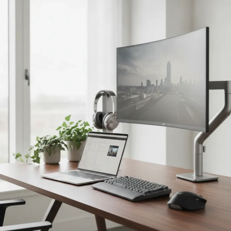 Een moderne werkplek uitgerust met de beste thuiswerk laptop en ergonomische hardware.