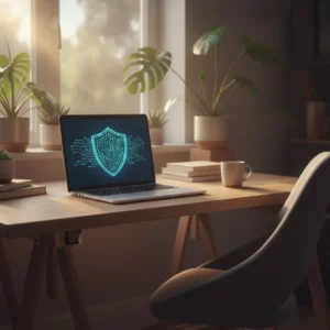 Een veilige laptop in een modern thuiskantoor om het belang van Google Chrome updaten tegen hackers te illustreren.