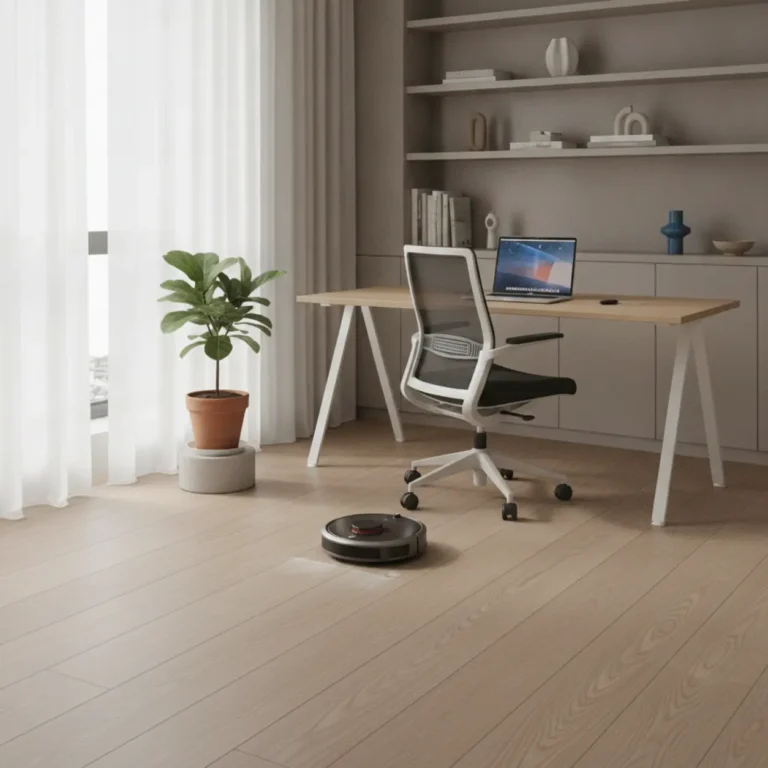 De Eufy Omni C20 robotstofzuiger maakt de houten vloer van een moderne thuiswerkplek moeiteloos schoon.